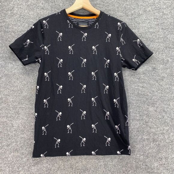 Denim & Flower T-Shirt Boys 13/14 Black Skeleton Print Crew Neck Short Sleeve - Picture 1 of 5